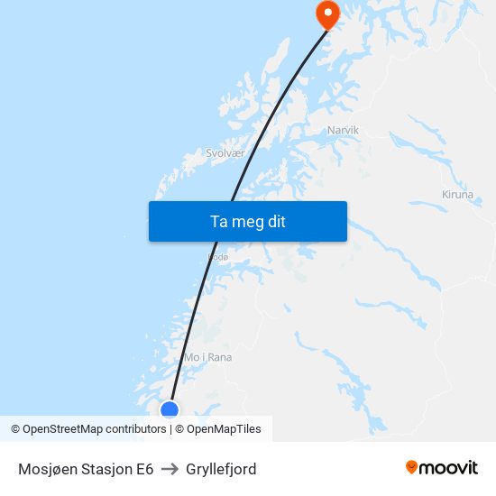 Mosjøen Stasjon E6 to Gryllefjord map