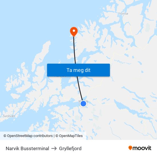 Narvik Bussterminal to Gryllefjord map