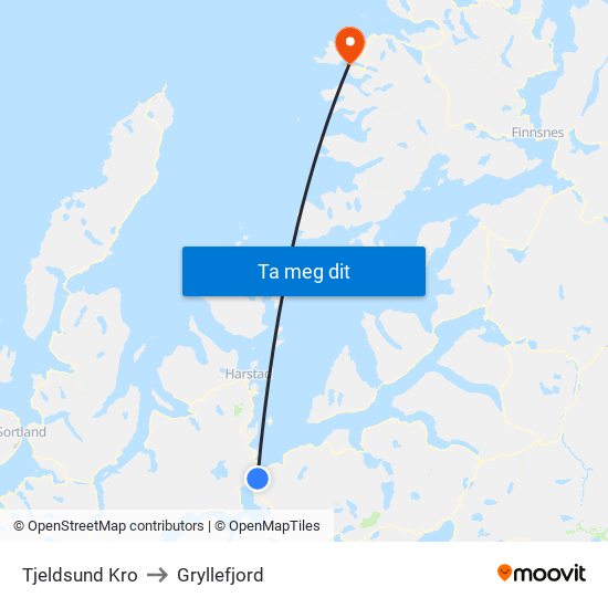 Tjeldsund Kro to Gryllefjord map