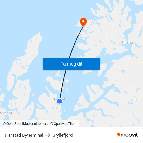 Harstad Byterminal to Gryllefjord map