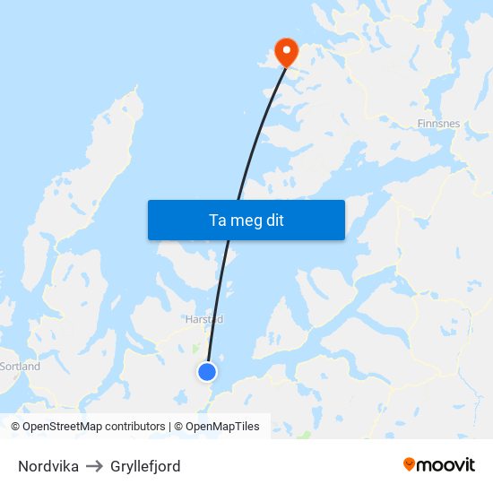 Nordvika to Gryllefjord map