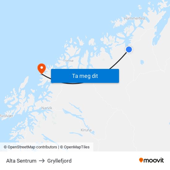 Alta Sentrum to Gryllefjord map