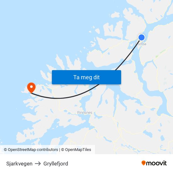 Sjarkvegen to Gryllefjord map