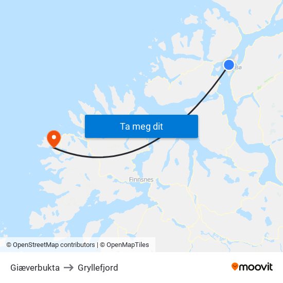 Giæverbukta to Gryllefjord map