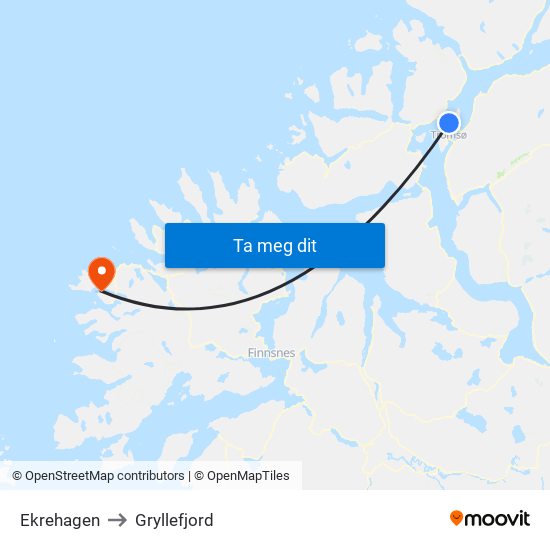 Ekrehagen to Gryllefjord map