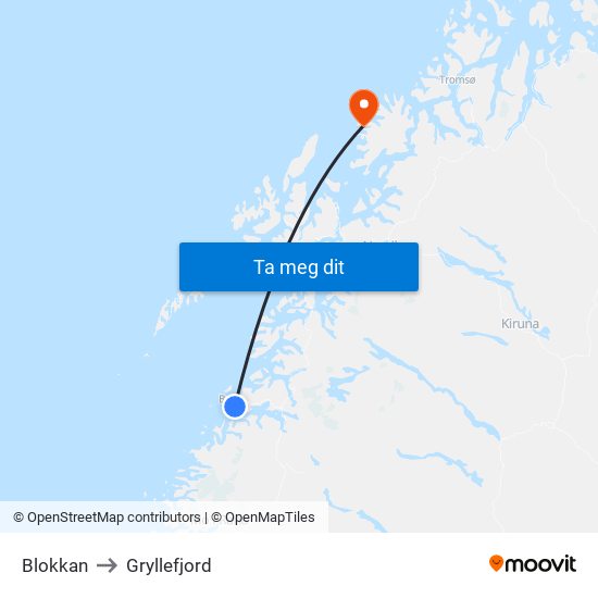 Blokkan to Gryllefjord map
