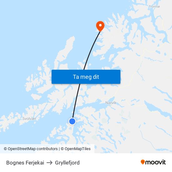 Bognes Ferjekai to Gryllefjord map