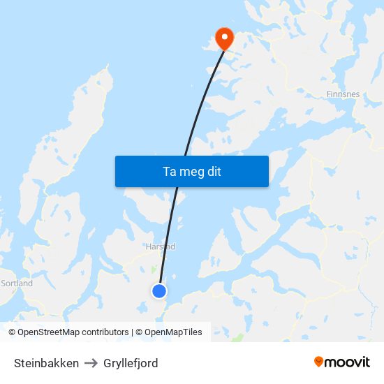 Steinbakken to Gryllefjord map
