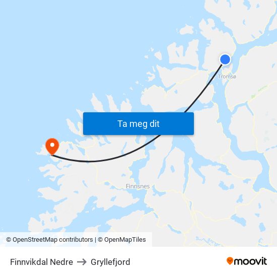 Finnvikdal Nedre to Gryllefjord map