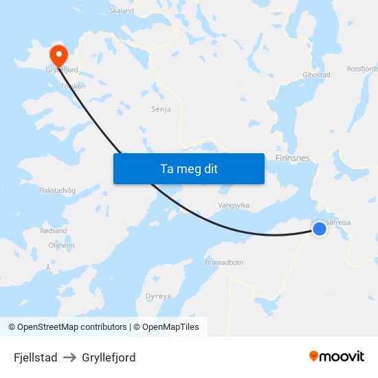 Fjellstad to Gryllefjord map