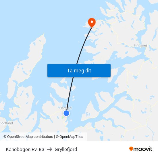 Kanebogen Rv. 83 to Gryllefjord map