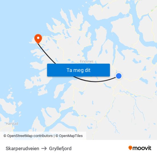 Skarperudveien to Gryllefjord map