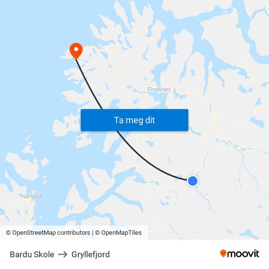 Bardu Skole to Gryllefjord map