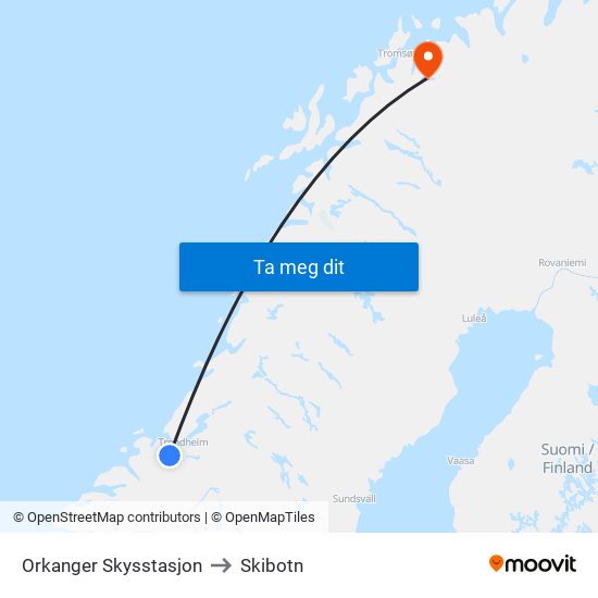 Orkanger Skysstasjon to Skibotn map