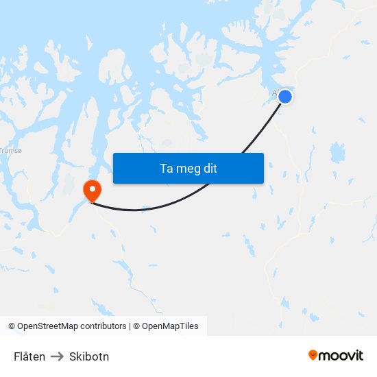 Flåten to Skibotn map