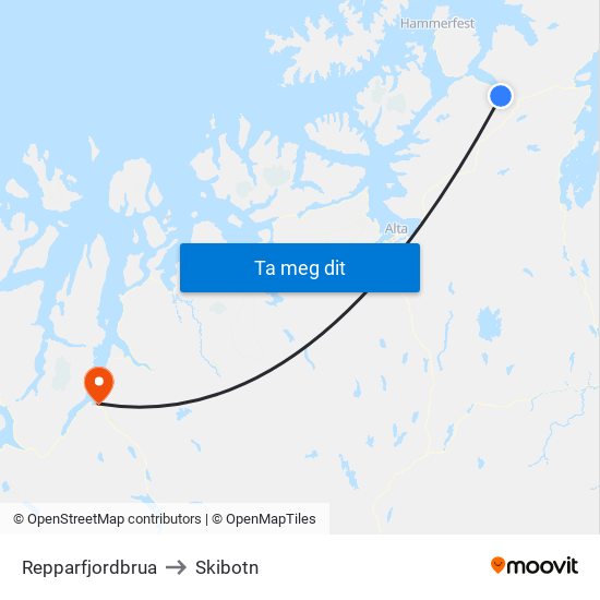 Repparfjordbrua to Skibotn map