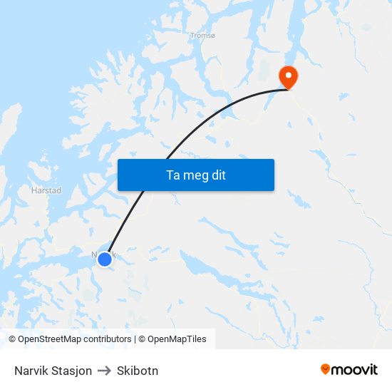 Narvik Stasjon to Skibotn map