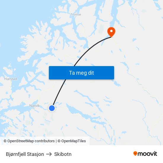 Bjørnfjell Stasjon to Skibotn map