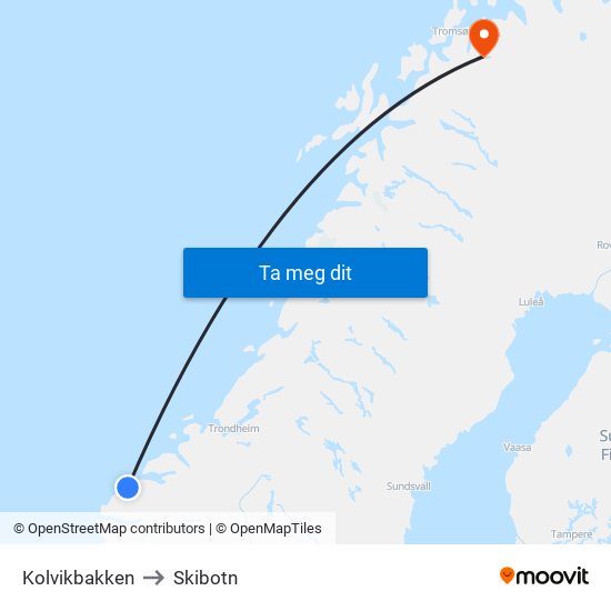 Kolvikbakken to Skibotn map
