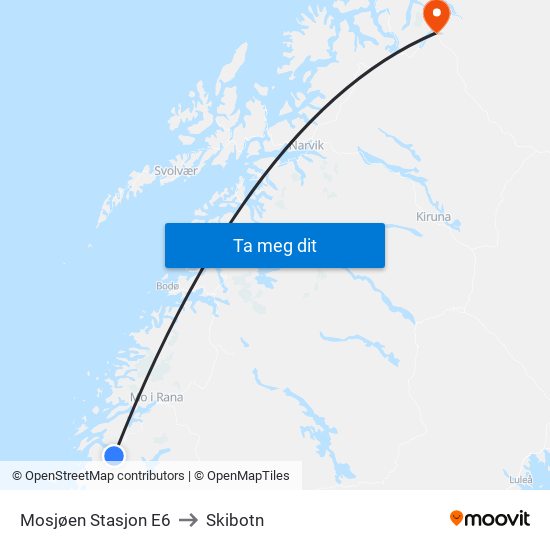 Mosjøen Stasjon E6 to Skibotn map
