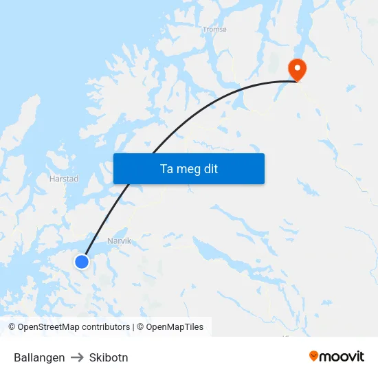 Ballangen to Skibotn map