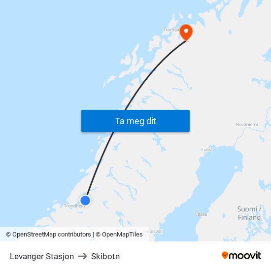 Levanger Stasjon to Skibotn map