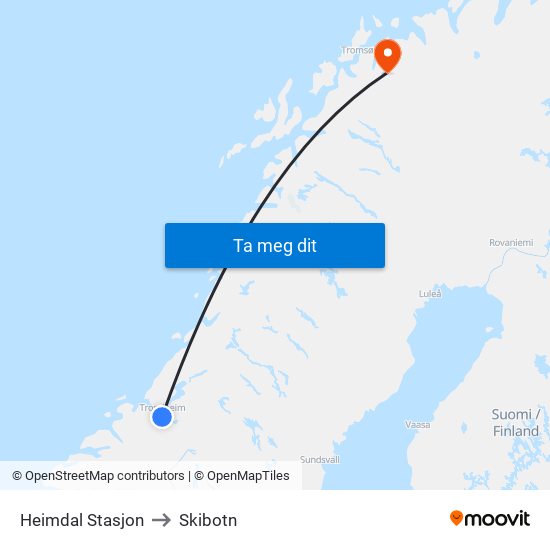 Heimdal Stasjon to Skibotn map