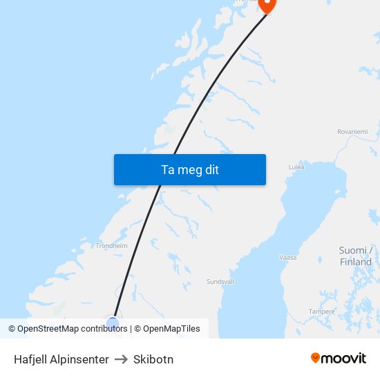 Hafjell Alpinsenter to Skibotn map