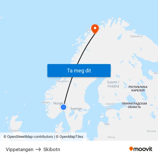 Vippetangen to Skibotn map