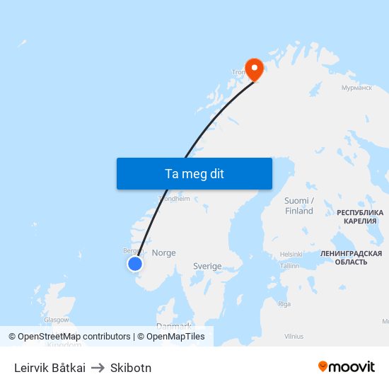 Leirvik Båtkai to Skibotn map