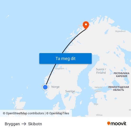 Bryggen to Skibotn map