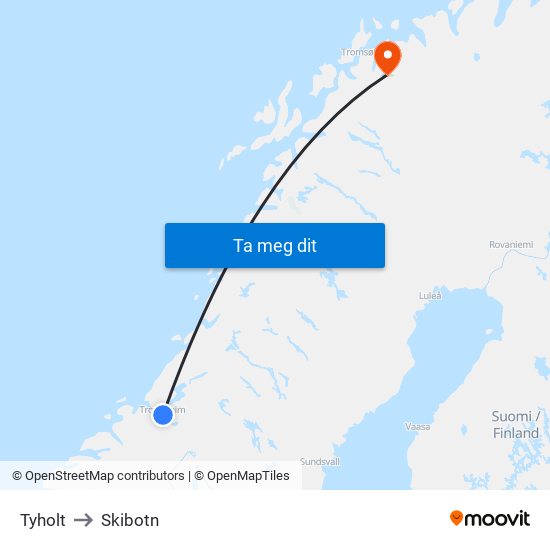 Tyholt to Skibotn map