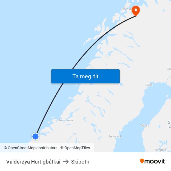 Valderøya Hurtigbåtkai to Skibotn map