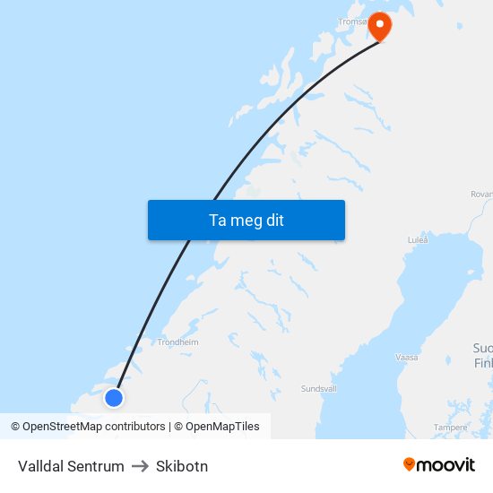 Valldal Sentrum to Skibotn map