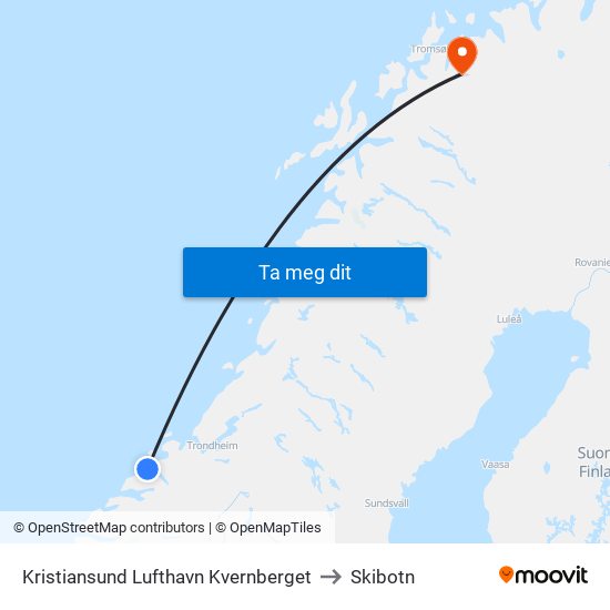Kristiansund Lufthavn Kvernberget to Skibotn map