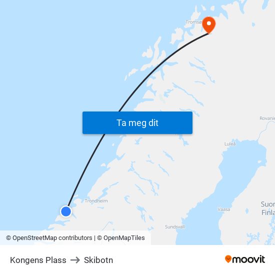 Kongens Plass to Skibotn map