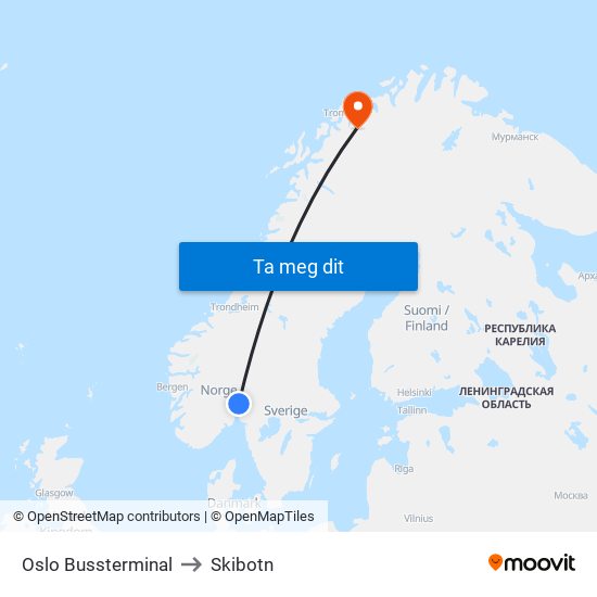 Oslo Bussterminal to Skibotn map