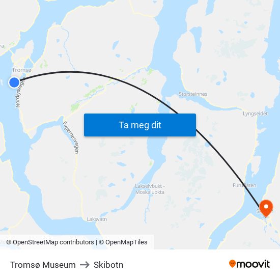 Tromsø Museum to Skibotn map