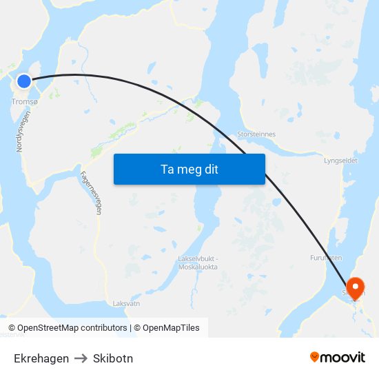 Ekrehagen to Skibotn map
