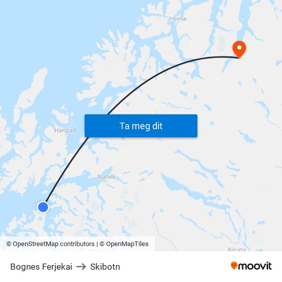 Bognes Ferjekai to Skibotn map