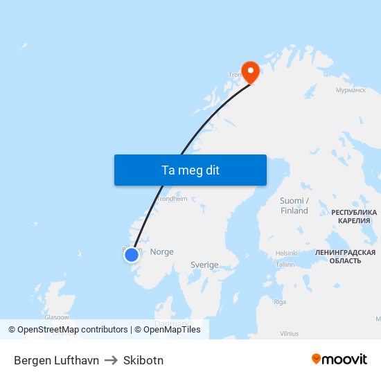 Bergen Lufthavn to Skibotn map