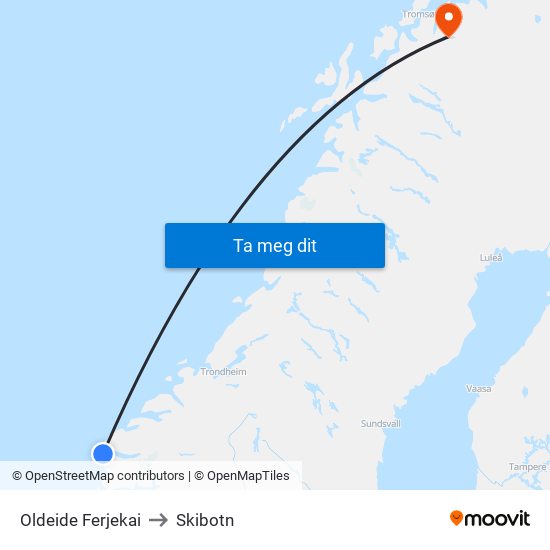 Oldeide Ferjekai to Skibotn map