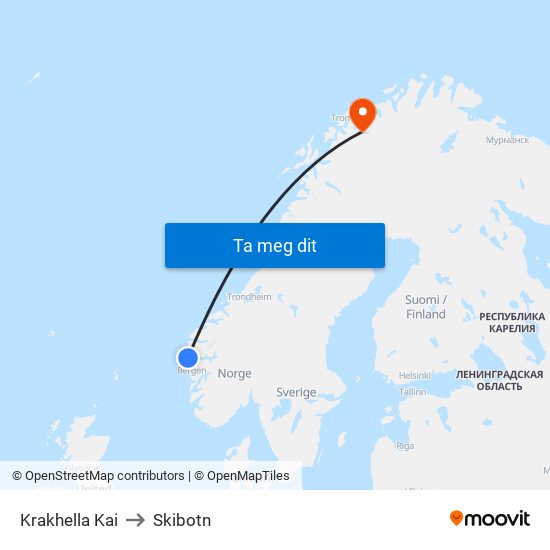 Krakhella Kai to Skibotn map