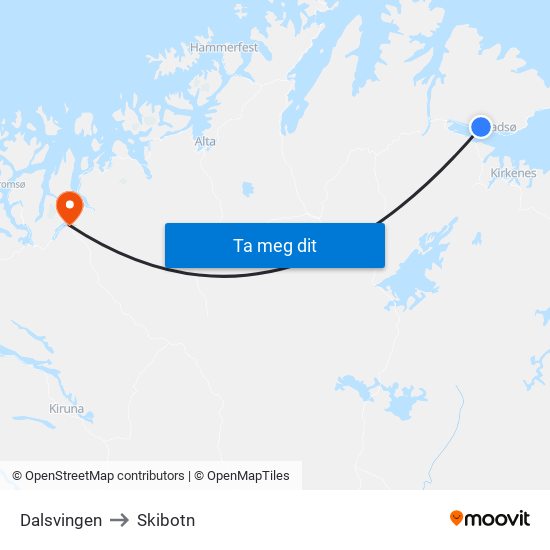 Dalsvingen to Skibotn map
