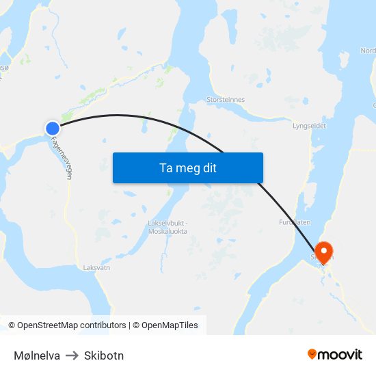 Mølnelva to Skibotn map