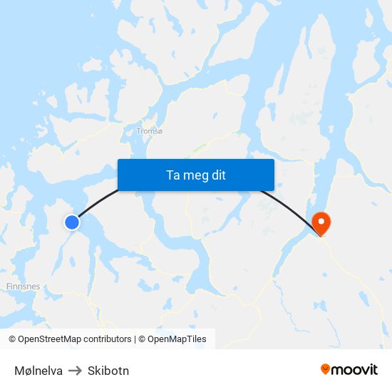 Mølnelva to Skibotn map