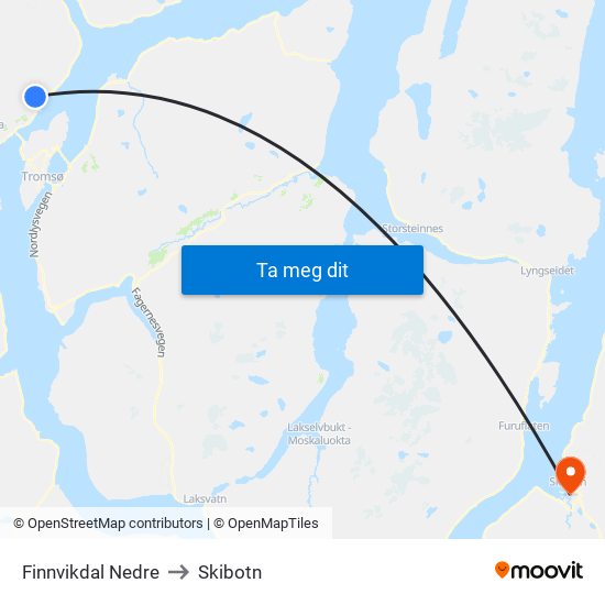 Finnvikdal Nedre to Skibotn map