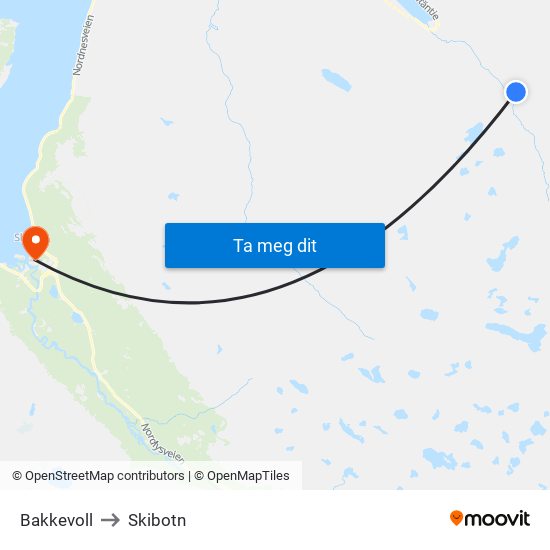 Bakkevoll to Skibotn map