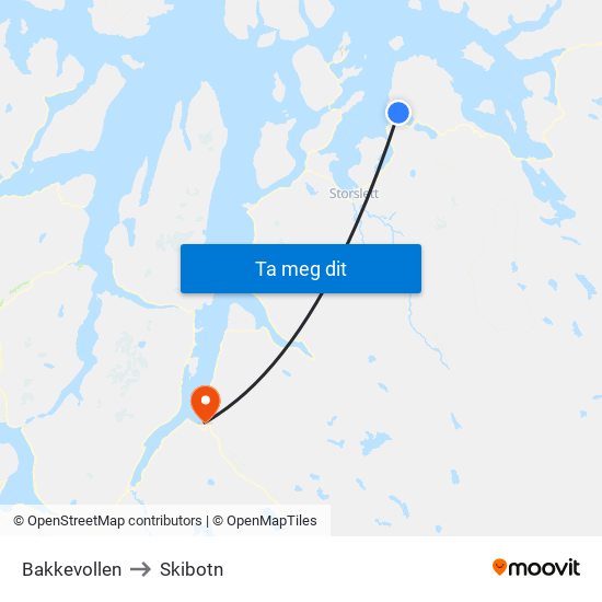 Bakkevollen to Skibotn map