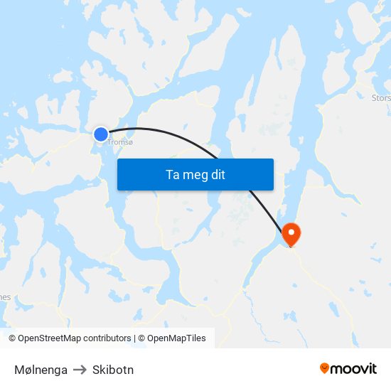 Mølnenga to Skibotn map